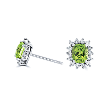 Cushion Peridot and Diamond Halo Stud Earrings