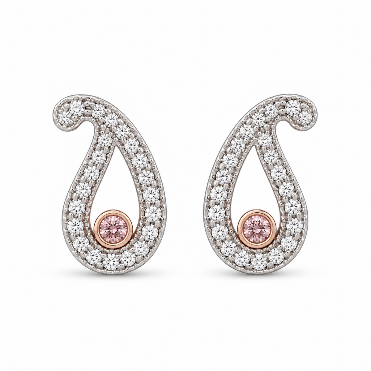Paisley Diamond Stud Earrings with Pink Diamond Centre | 18ct Gold