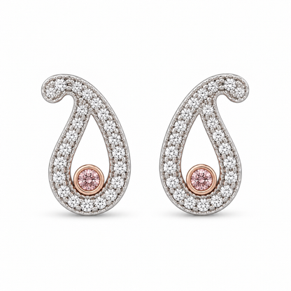 Paisley Diamond Stud Earrings with Pink Diamond Centre | 18ct Gold