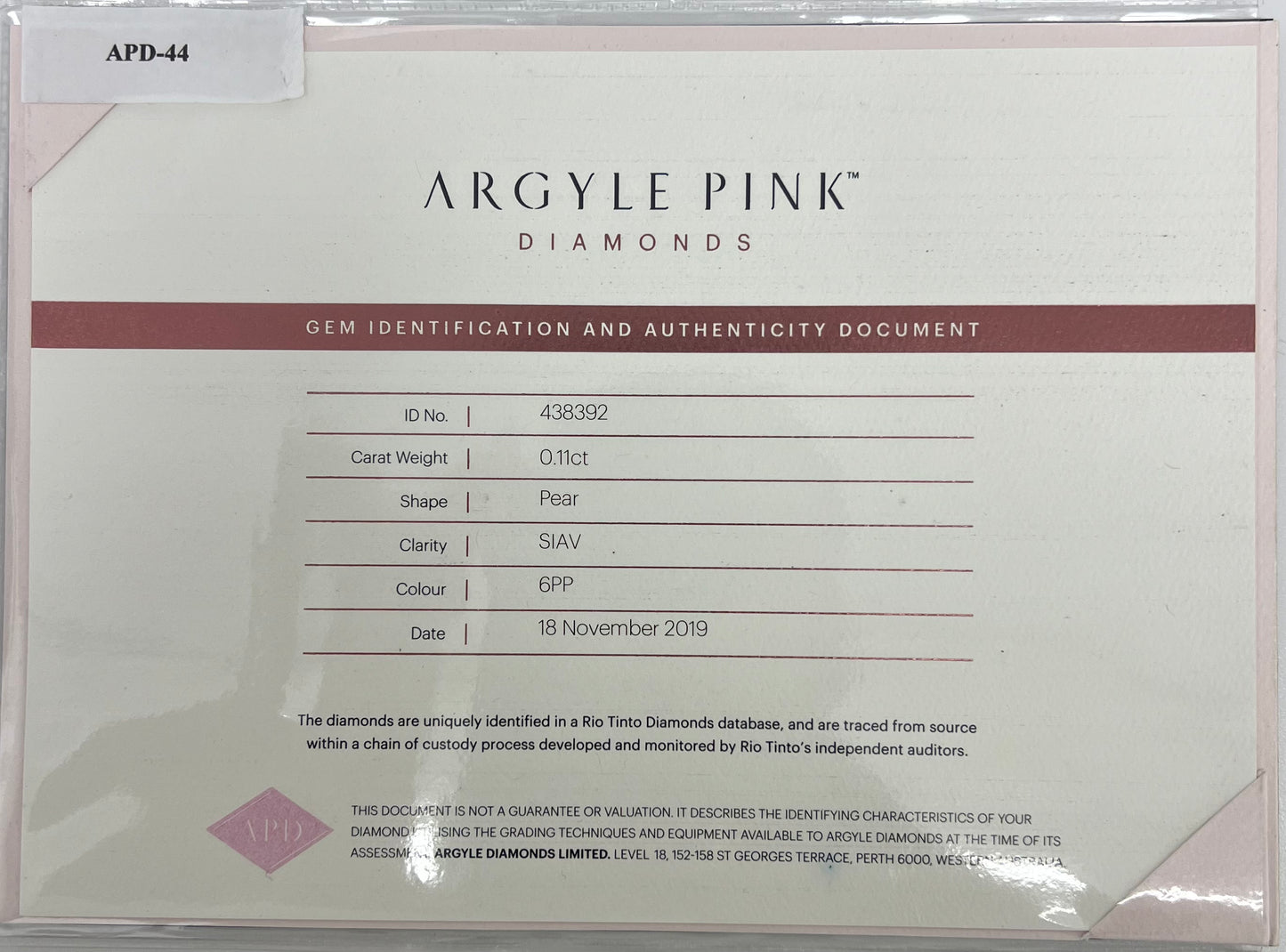 Argyle Pear 0.11ct 6PP SI Certified Loose Pink Diamond From WA