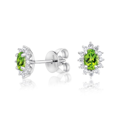 Oval Peridot and Diamond Halo Stud Earrings