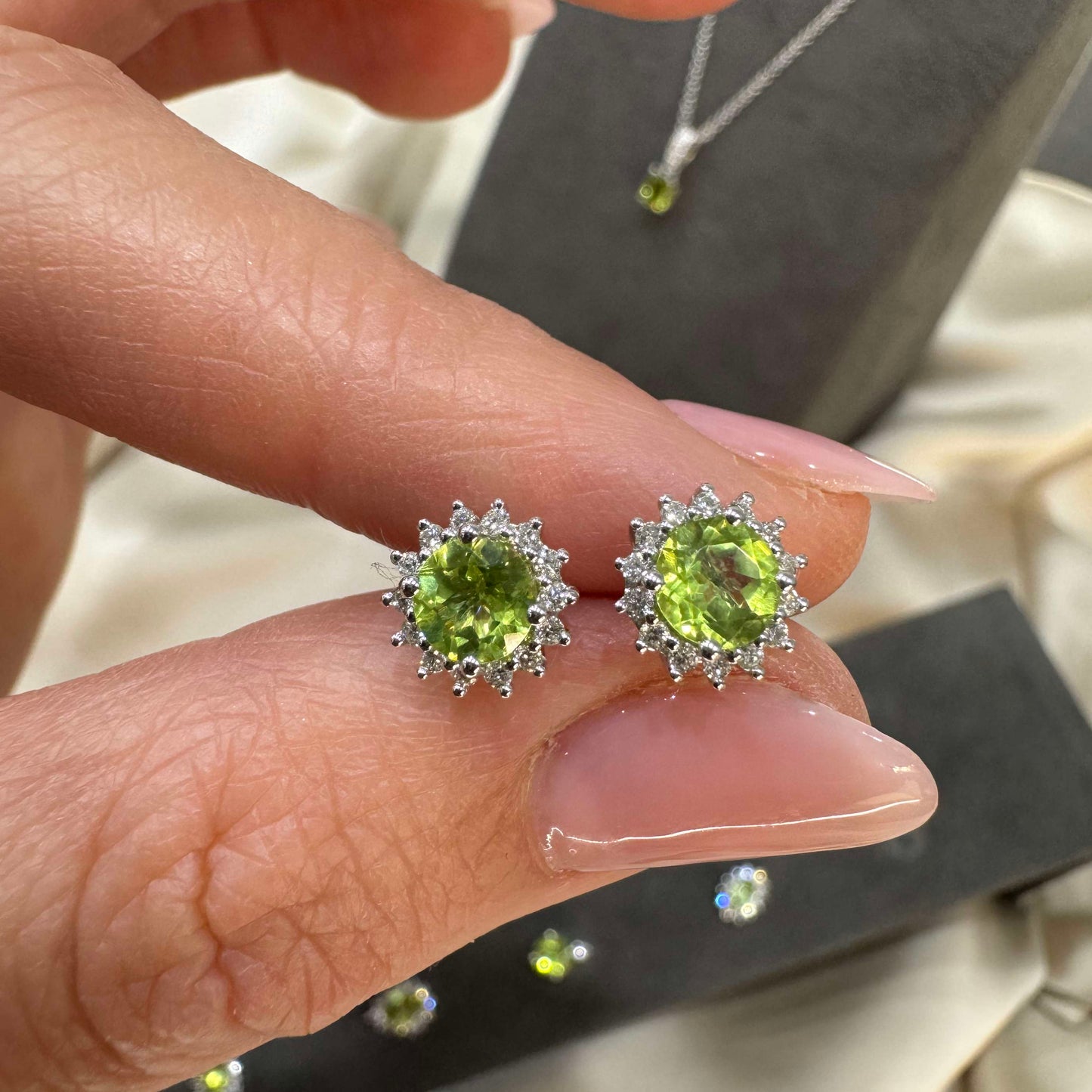 Peridot Halo Diamond Earrings