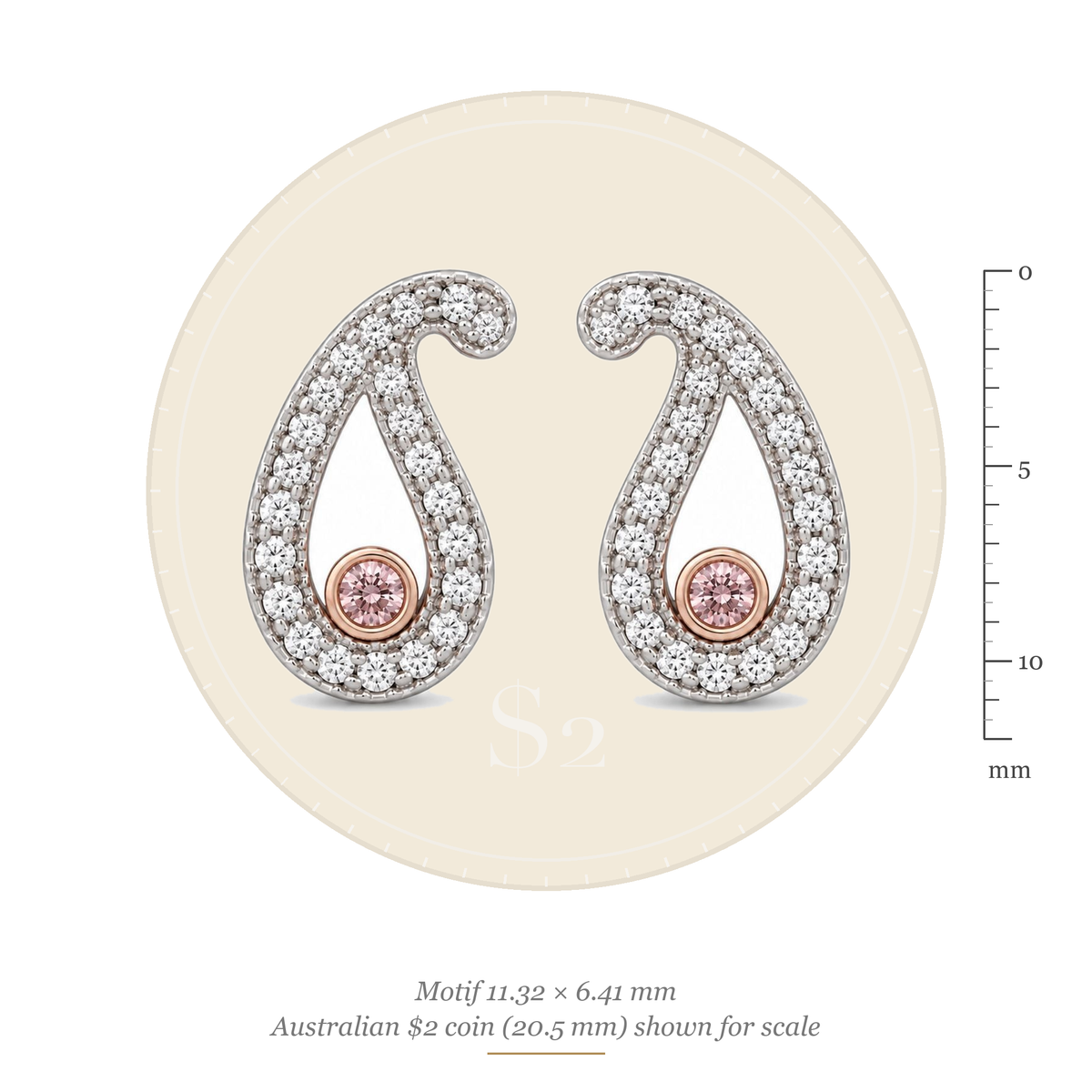 Size guide: paisley motif 11.32 x 6.41 mm, shown to scale with an Australian $2 coin (20.5 mm)