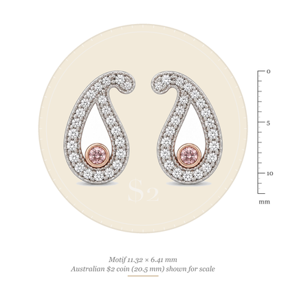 Size guide: paisley motif 11.32 x 6.41 mm, shown to scale with an Australian $2 coin (20.5 mm)