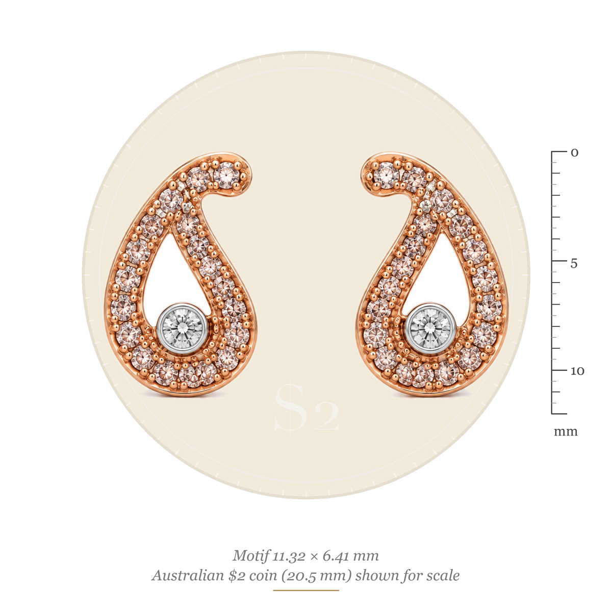 Size guide: paisley motif 11.32 x 6.41 mm, shown to scale with an Australian $2 coin (20.5 mm)