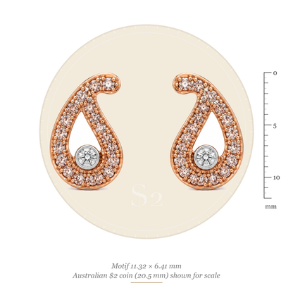 Size guide: paisley motif 11.32 x 6.41 mm, shown to scale with an Australian $2 coin (20.5 mm)