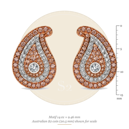 Size guide: paisley motif 14.01 x 9.46 mm, shown to scale with an Australian $2 coin (20.5 mm)