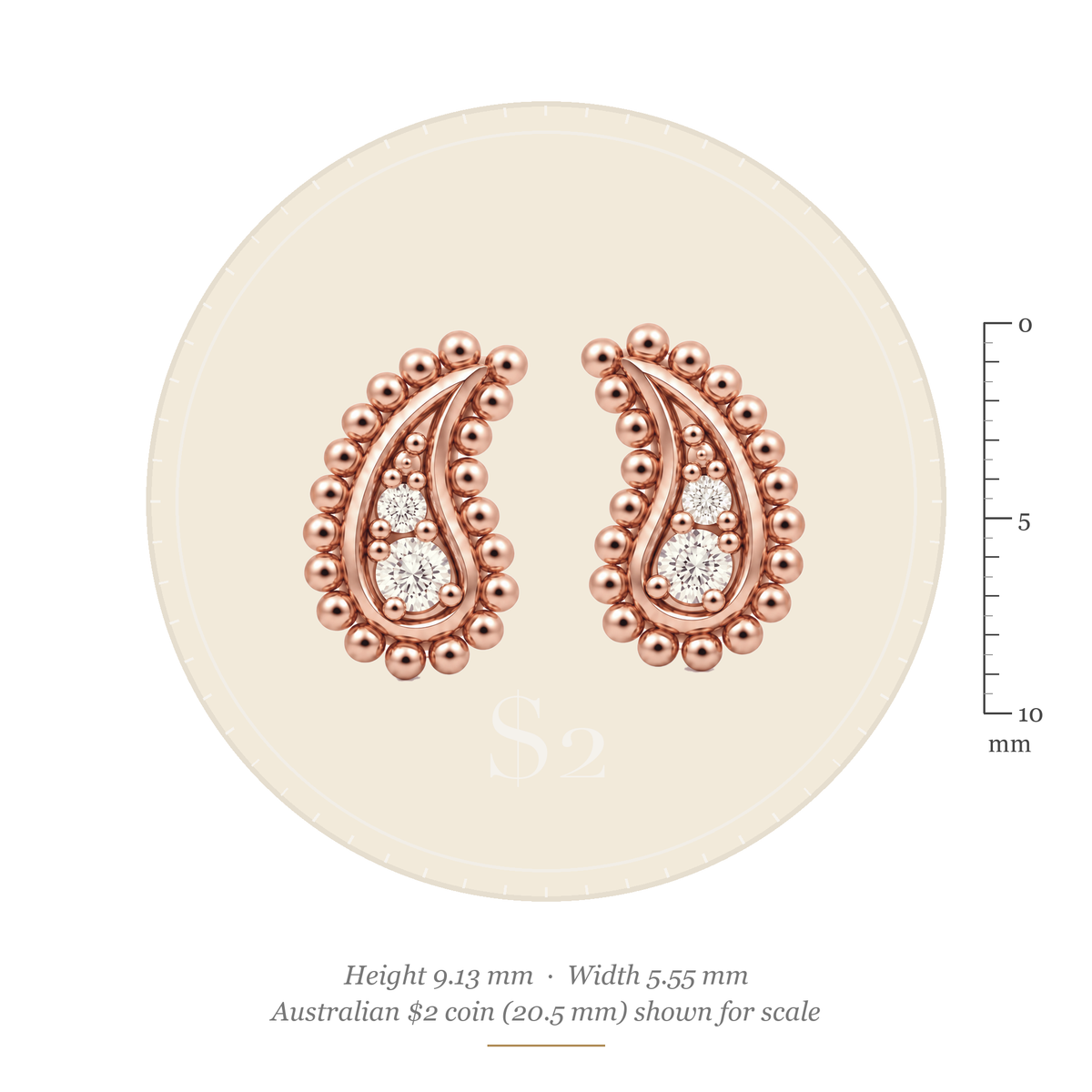 Size guide: paisley motif 9.13 x 5.55 mm, shown to scale with an Australian $2 coin (20.5 mm)