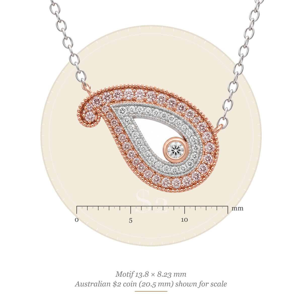 Size guide: paisley motif 13.80 x 8.23 mm, shown to scale with an Australian $2 coin (20.5 mm)