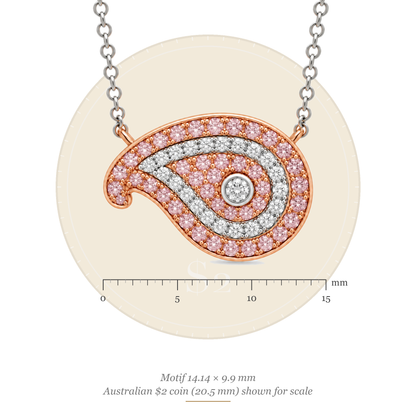 Size guide: paisley motif 14.14 x 9.9 mm, shown to scale with an Australian $2 coin (20.5 mm)