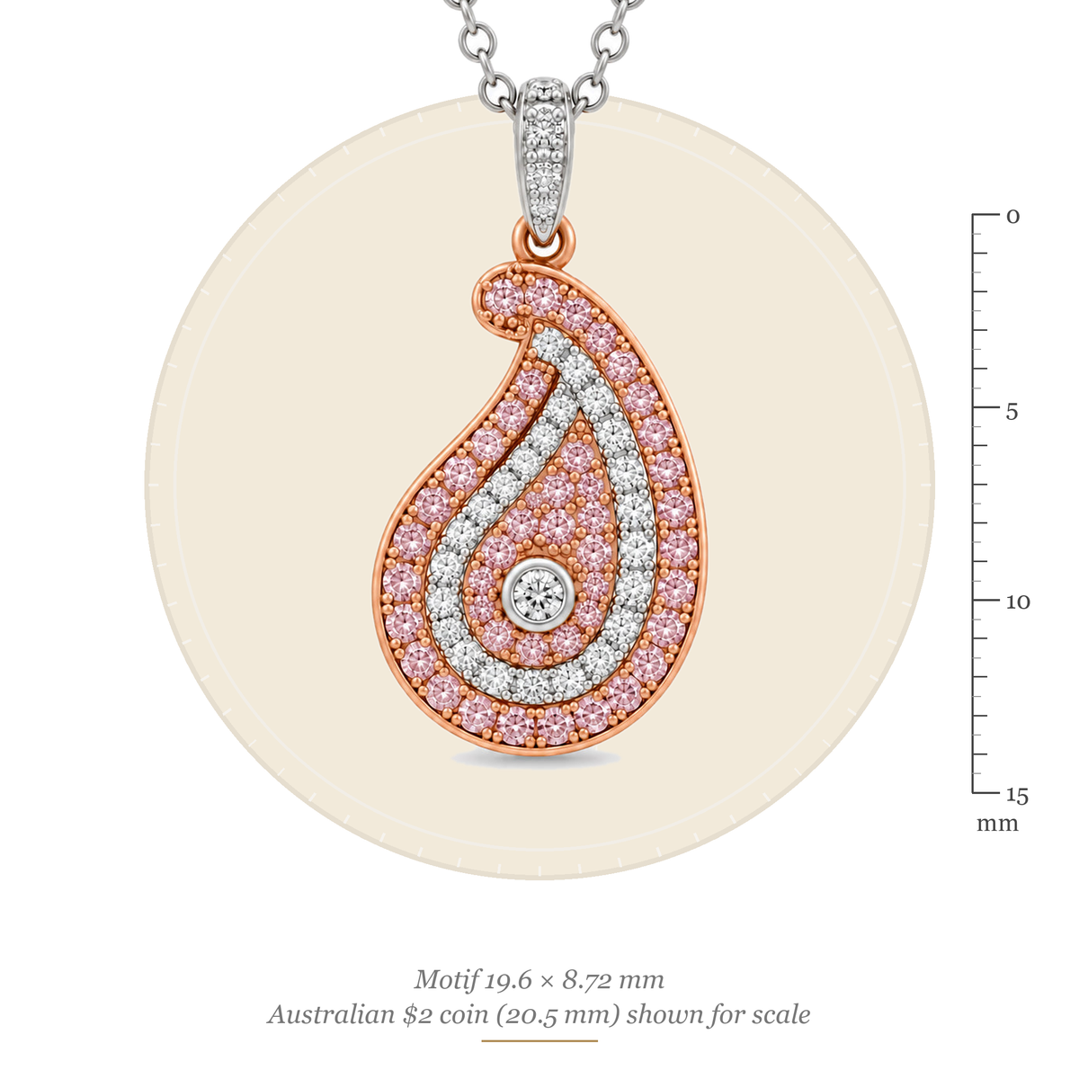 Size guide: paisley motif 19.60 x 8.72 mm, shown to scale with an Australian $2 coin (20.5 mm)