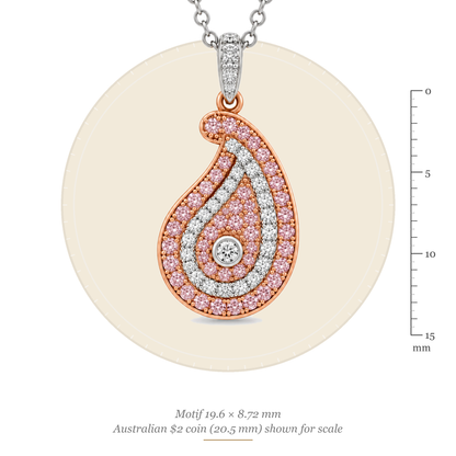Size guide: paisley motif 19.60 x 8.72 mm, shown to scale with an Australian $2 coin (20.5 mm)