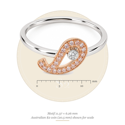 Size guide: paisley motif 11.37 x 6.26 mm, shown to scale with an Australian $2 coin (20.5 mm)