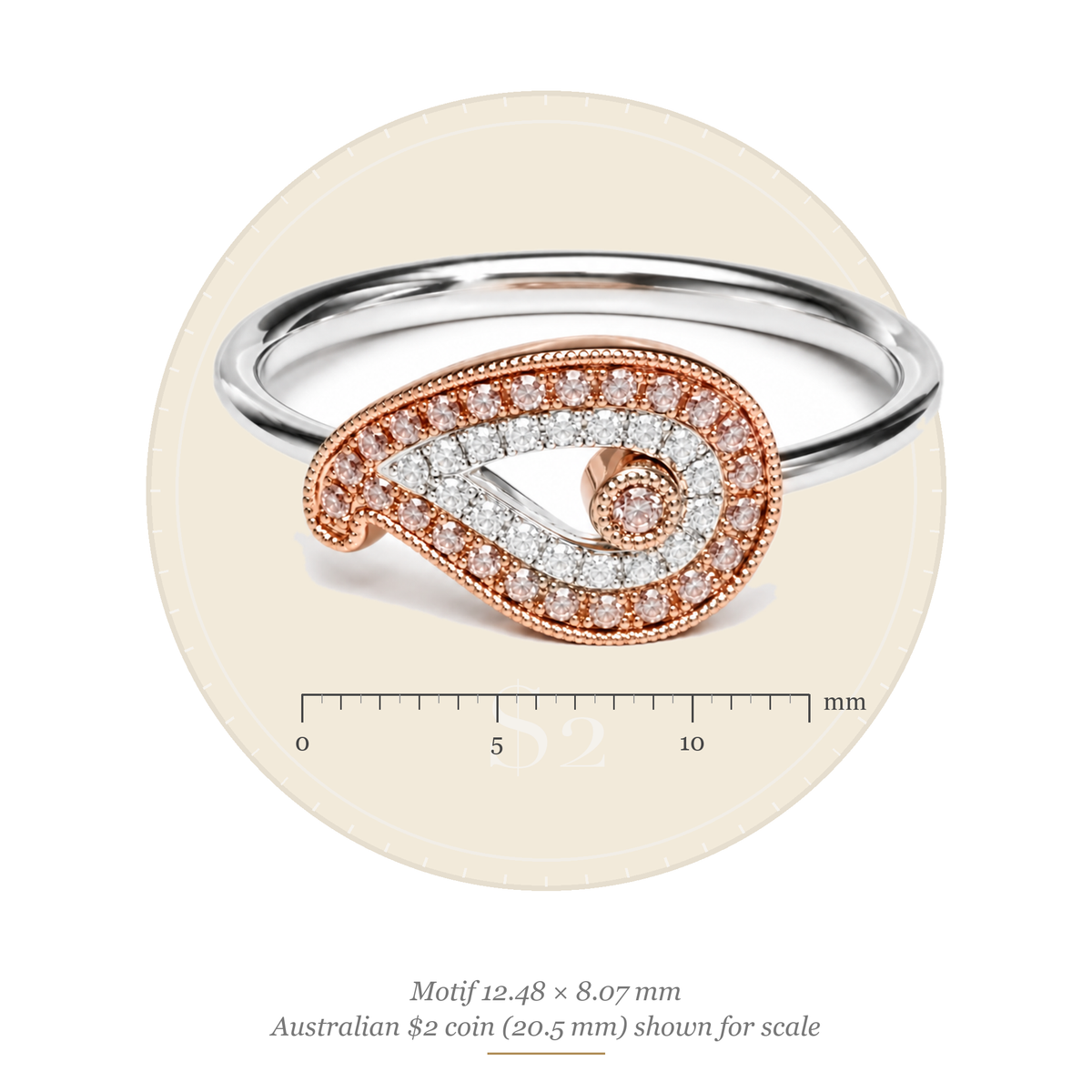 Size guide: paisley motif 12.48 x 8.07 mm, shown to scale with an Australian $2 coin (20.5 mm)