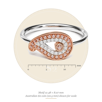 Size guide: paisley motif 12.48 x 8.07 mm, shown to scale with an Australian $2 coin (20.5 mm)