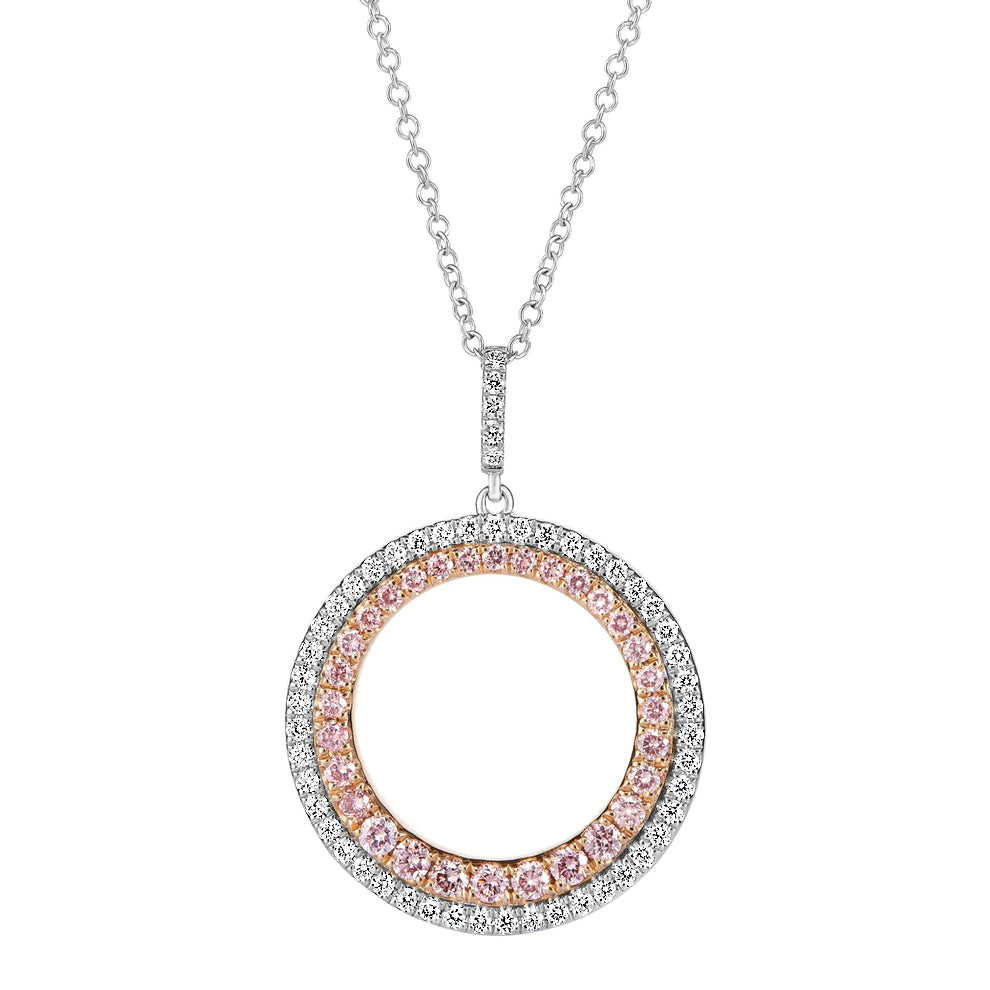 Double Halo Circle Pink & White Diamond Pendant