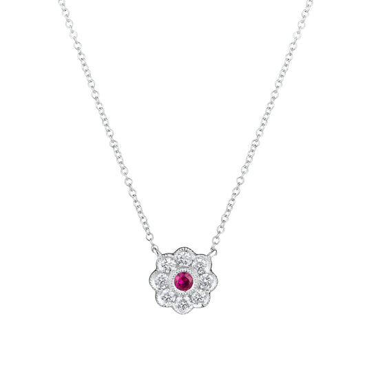 Ruby And Diamond Vintage Flower Pendant