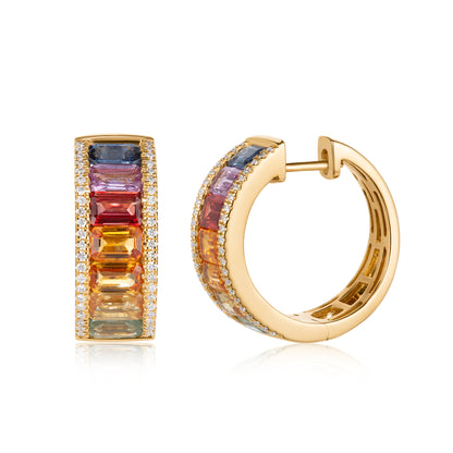 Rainbow Sapphire Emerald Cut Diamond Hoops