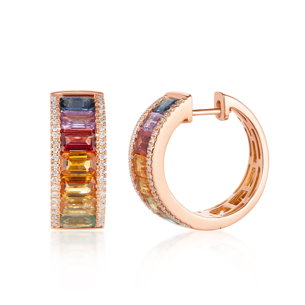 Rainbow Sapphire Emerald Cut Diamond Hoops