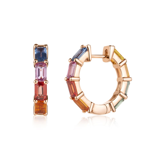 Rainbow Sapphire Emerald Cut Hoops