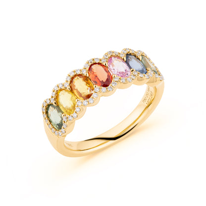 Rainbow Sapphire & Diamond Halo Ring