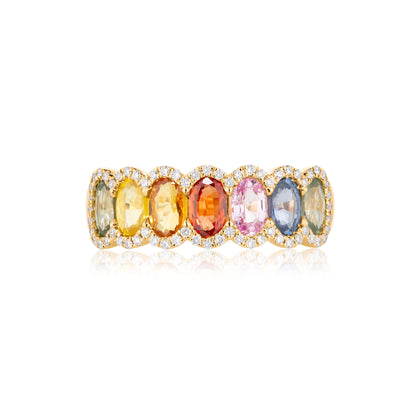 Rainbow Sapphire & Diamond Halo Ring