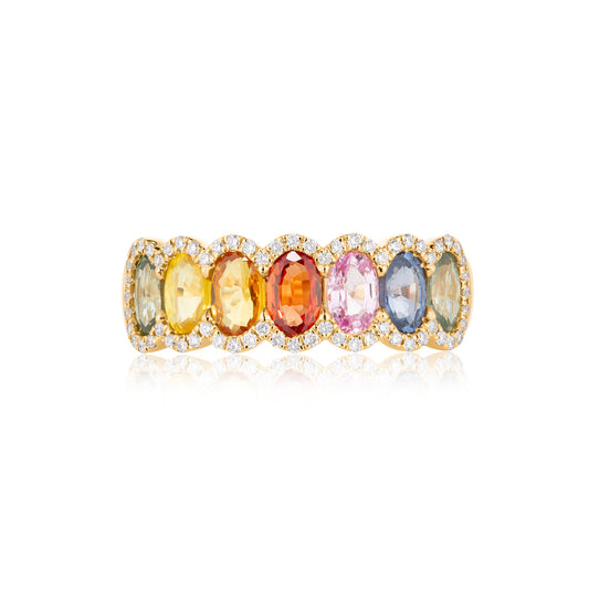 Rainbow Sapphire & Diamond Halo Ring