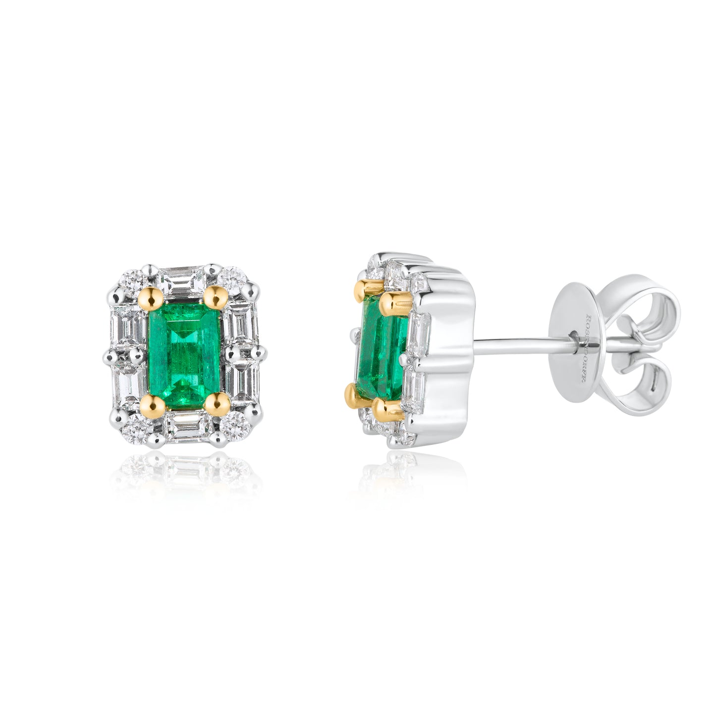 Emerald and Diamond Baguette Halo Studs