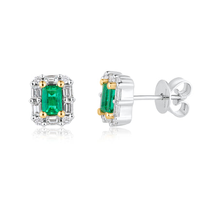 Emerald and Diamond Baguette Halo Studs