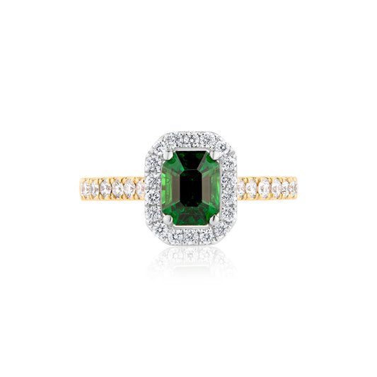 1.12ct Green Emerald Garnet & Diamond Halo Ring