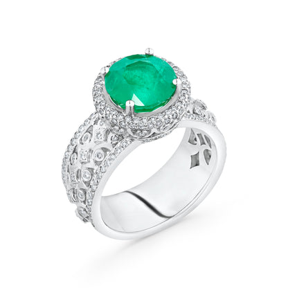 3.04ct Emerald Halo Wide Diamond Ring