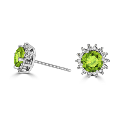 Round Peridot and Diamond Halo Stud Earrings