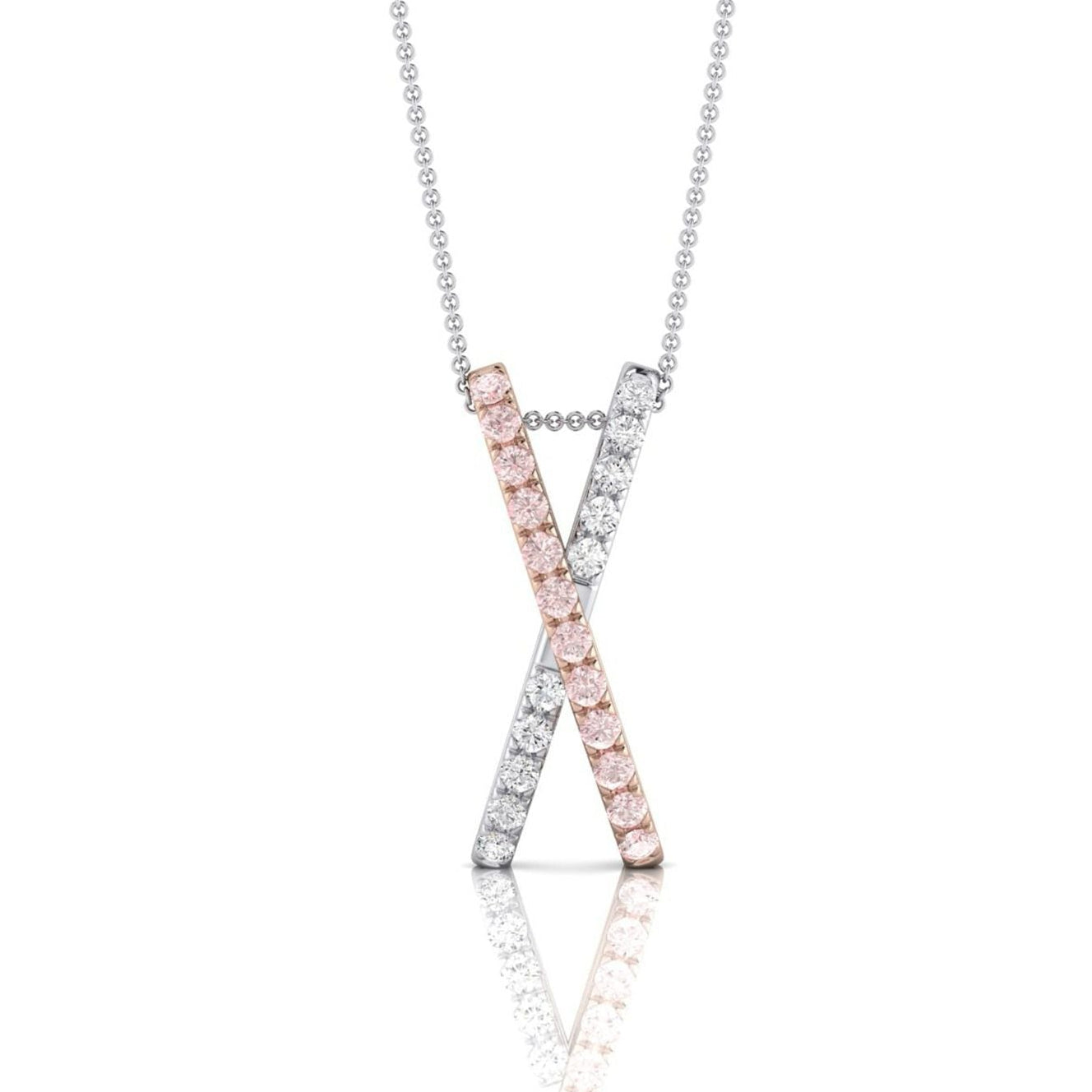 Necklace with a 'X' pendant in rose gold and silver on a white background