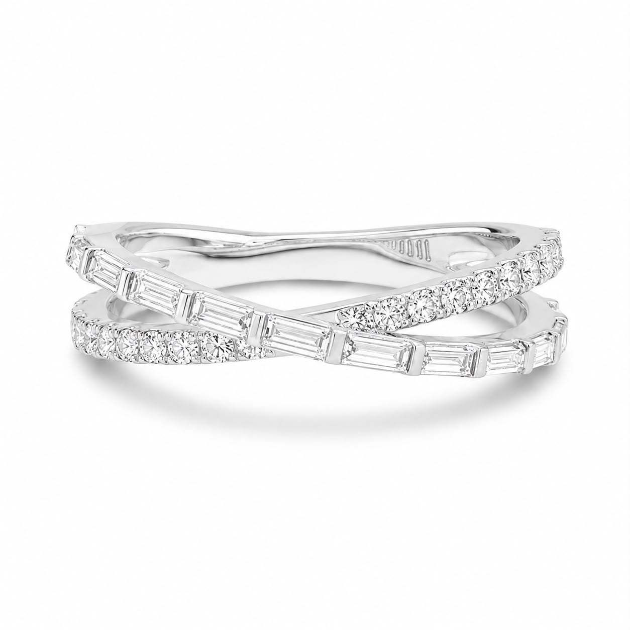 Baguette and Round Cross Over Ring in 18ct Gold