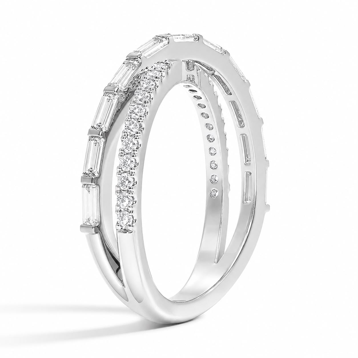 Baguette and Round Cross Over Ring in 18ct Gold