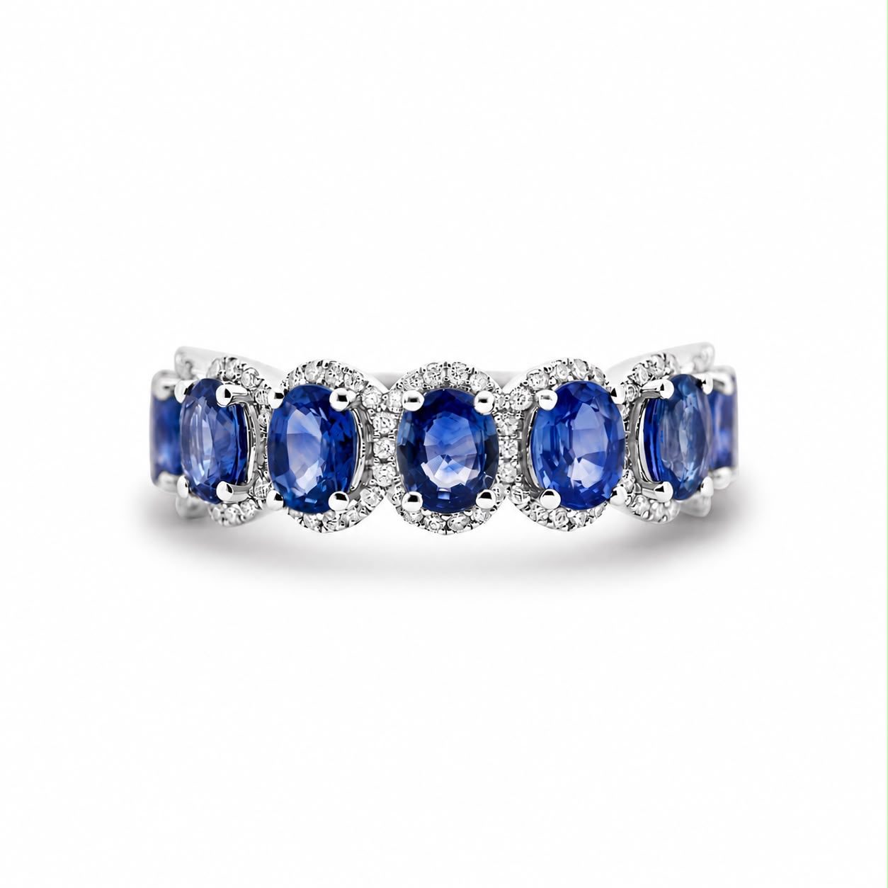 7 Stone Blue Sapphire Halo And Diamond Ring