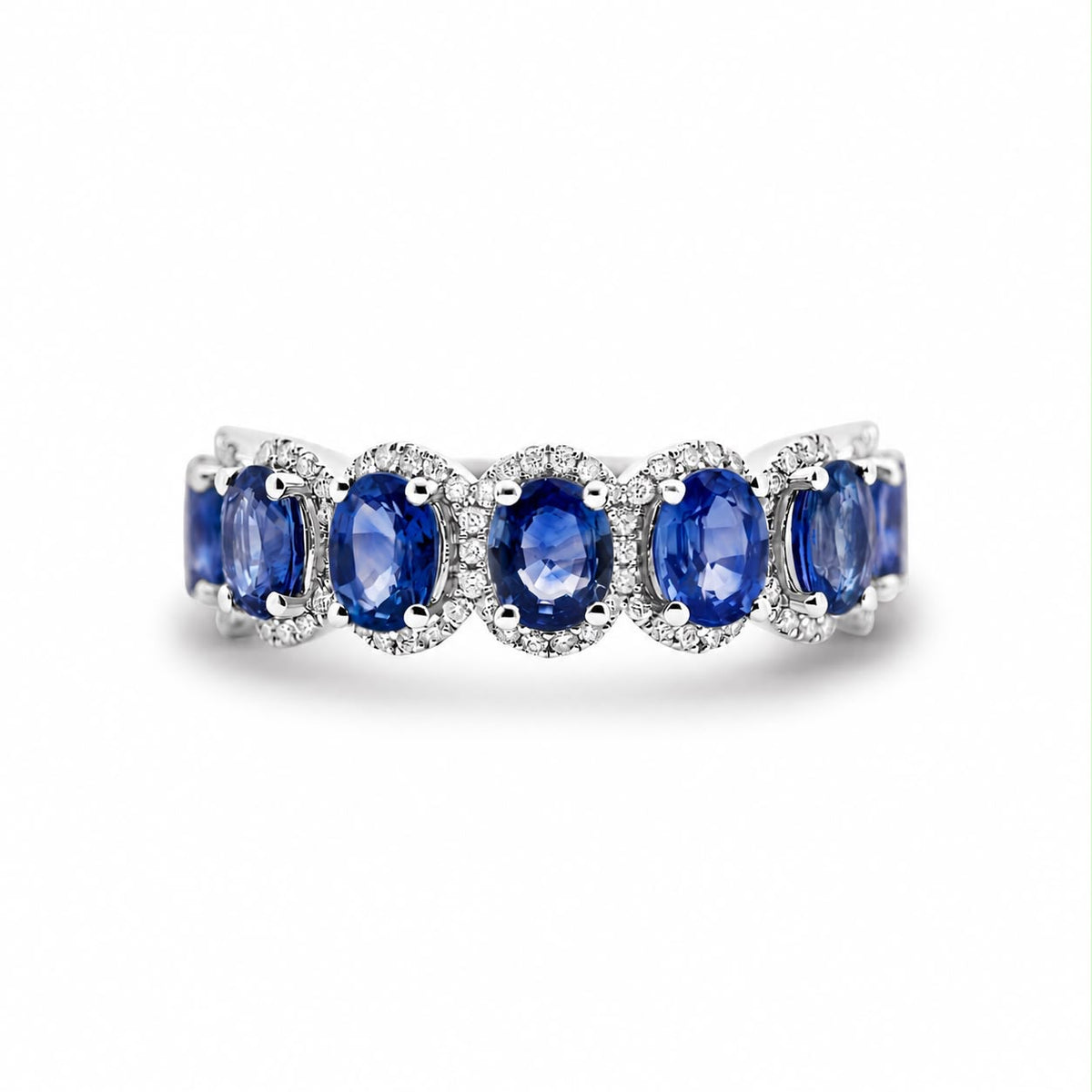 7 Stone Blue Sapphire Halo And Diamond Ring
