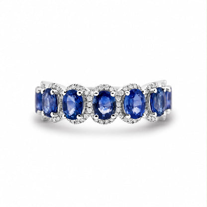 7 Stone Blue Sapphire Halo And Diamond Ring