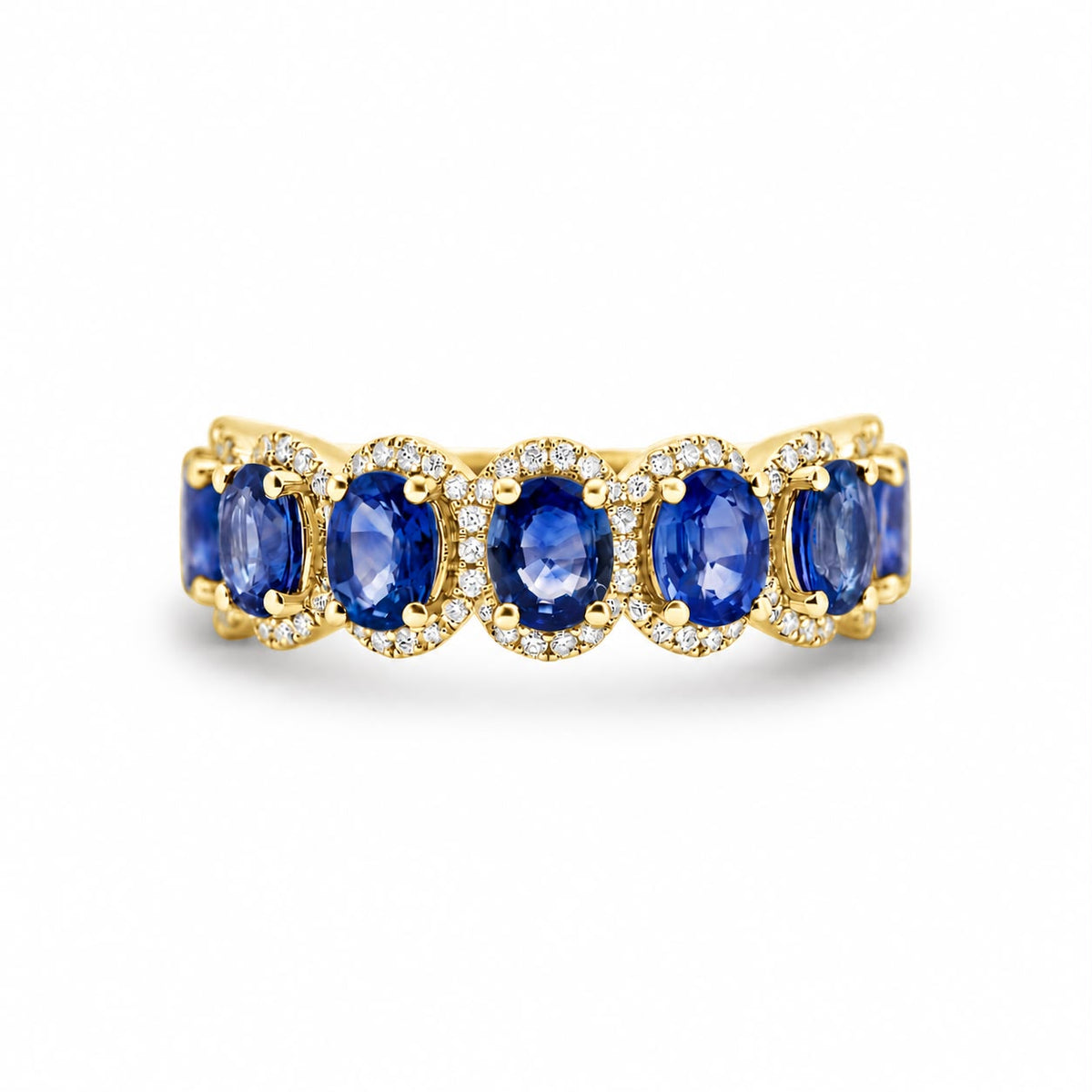 7 Stone Blue Sapphire Halo And Diamond Ring