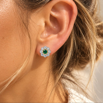 Colombian Emerald and Diamond Vintage Flower Earrings