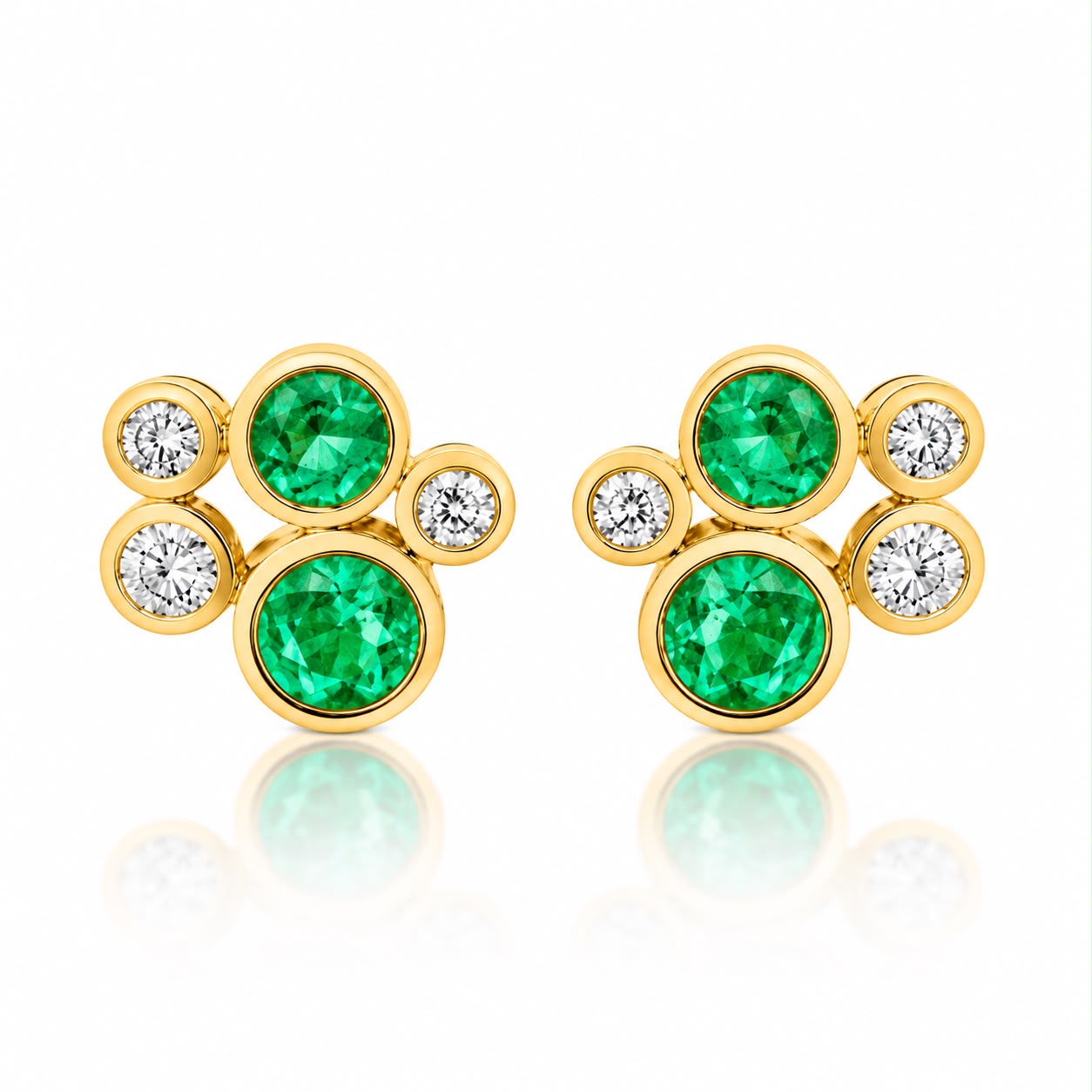 Colombian Emerald & Diamond Bezel Cluster Stud Earrings