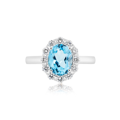 Oval Blue Topaz and Diamond Halo Ring