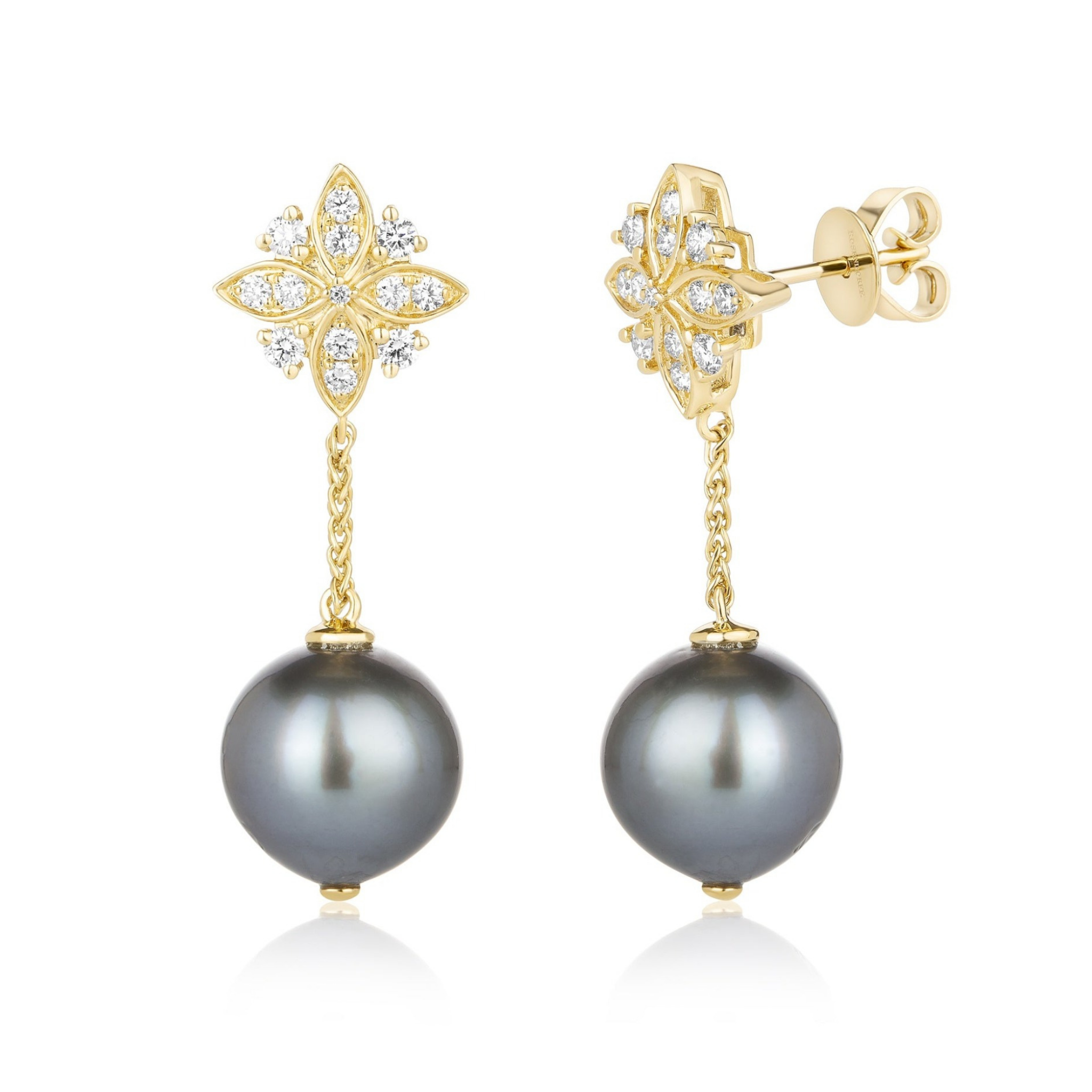 Tahitian Pearl and Diamond Flower Drop Earrings