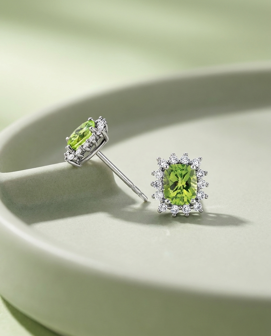 Cushion Peridot and Diamond Halo Stud Earrings