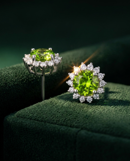 Round Peridot and Diamond Halo Stud Earrings