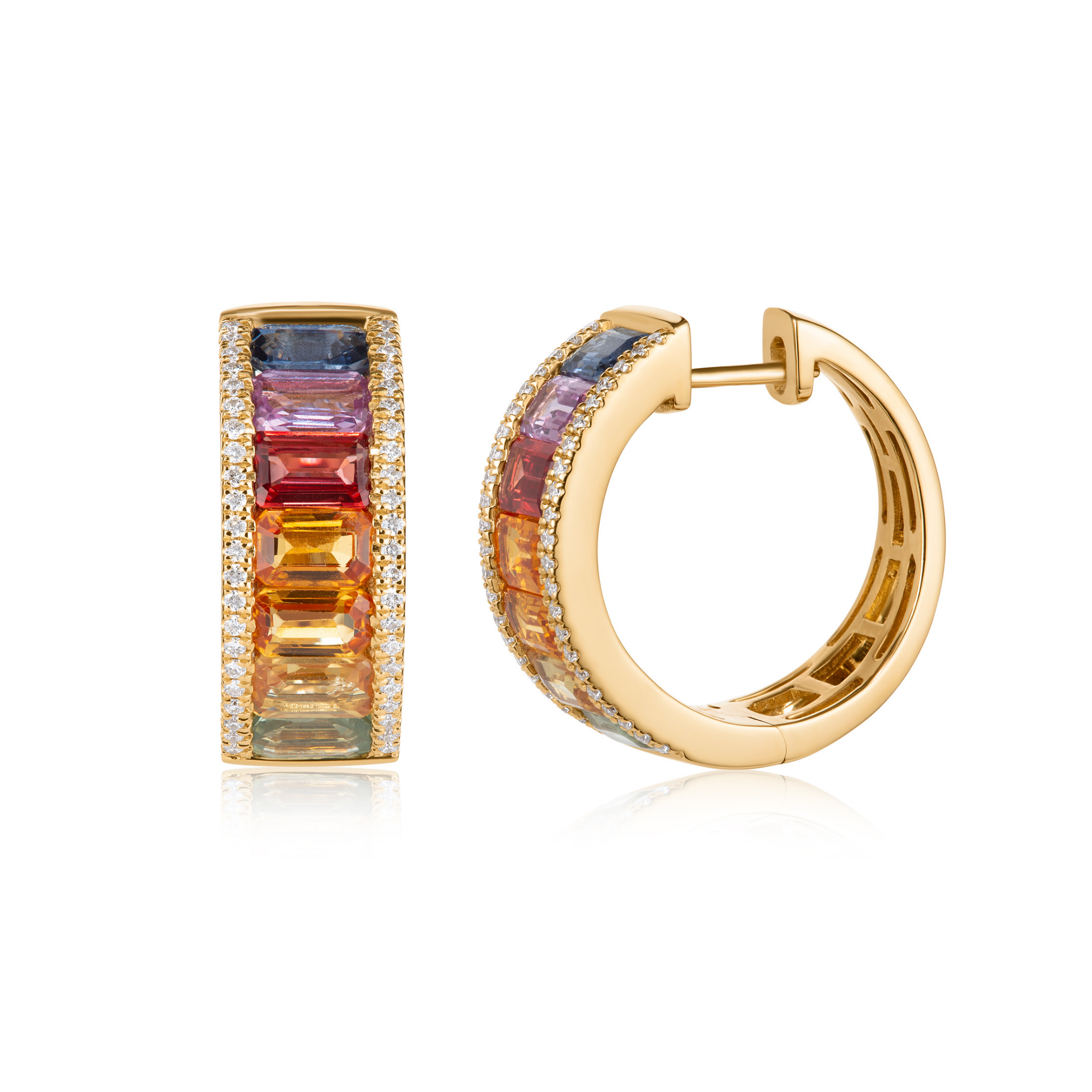Emerald Cut Rainbow Sapphire and Diamond Hoop Earrings
