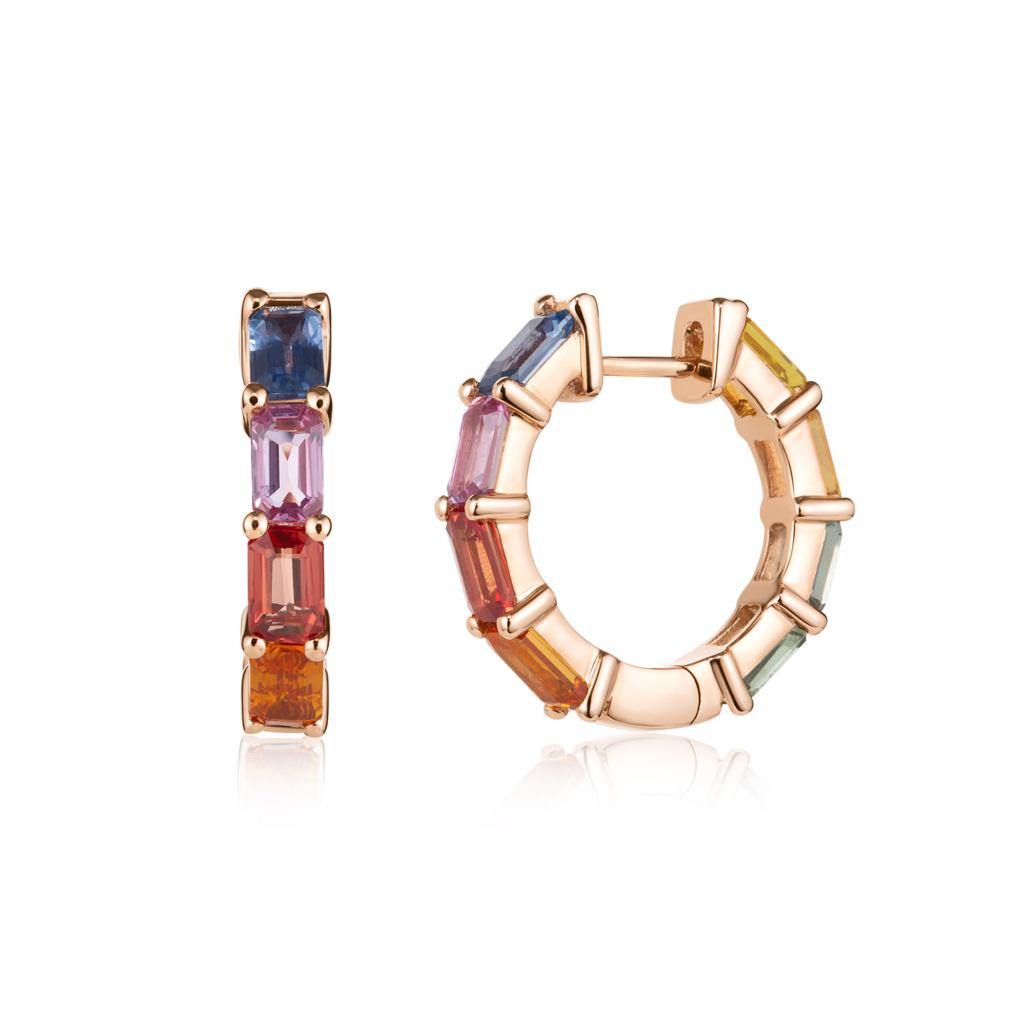Emerald Cut Rainbow Sapphire Hoop Earrings