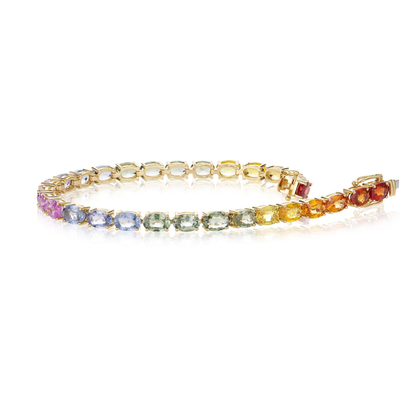 Rainbow Natural Oval Sapphire Tennis Bracelet, 18k Gold