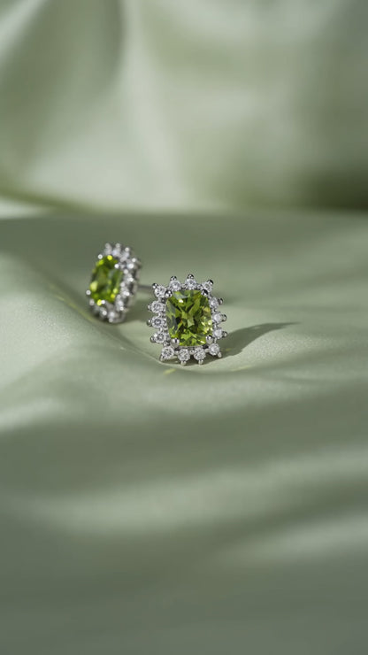 Cushion Peridot and Diamond Halo Stud Earrings