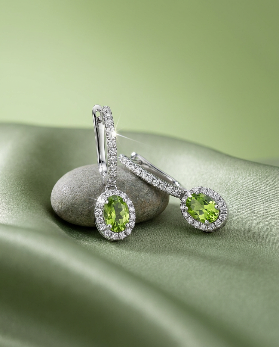 Peridot and Diamond Halo Drop Earrings